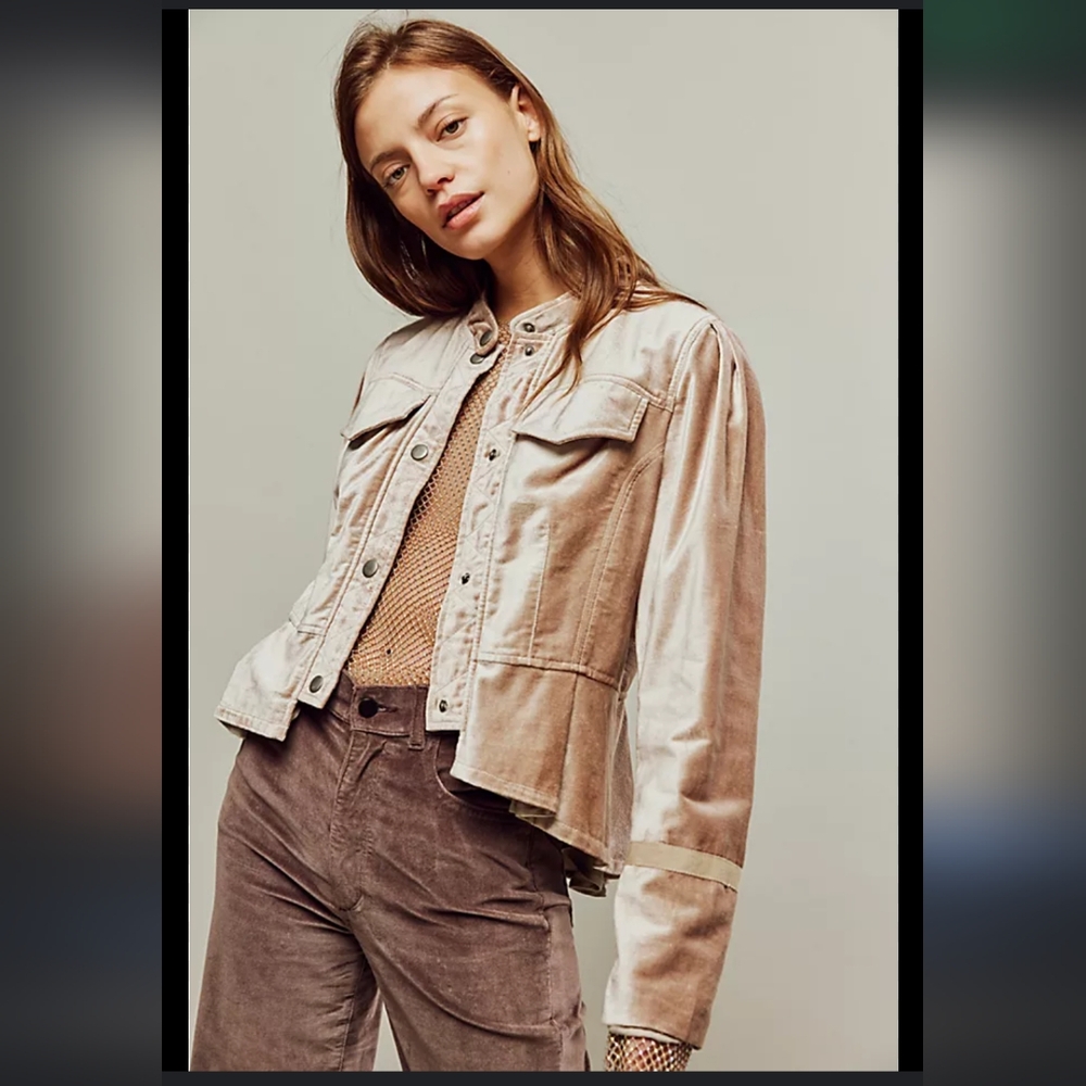 Free People Champagne Ballet Racer Ruffle Crop Fitted Short Button Velvet Jacket